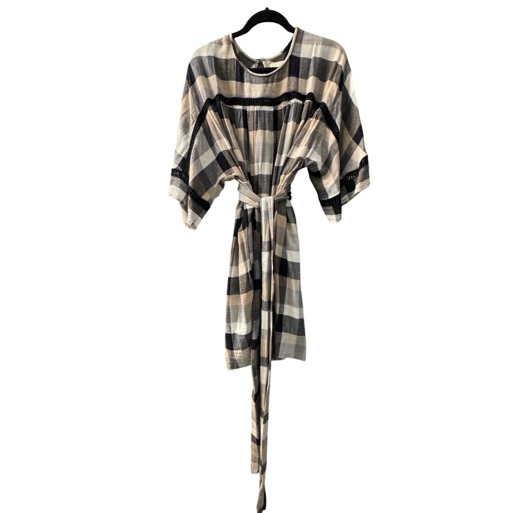 Maeve Plaid Smock Dress Small Black/Tan Cotton Blend Boho Style With Waist Tie &
